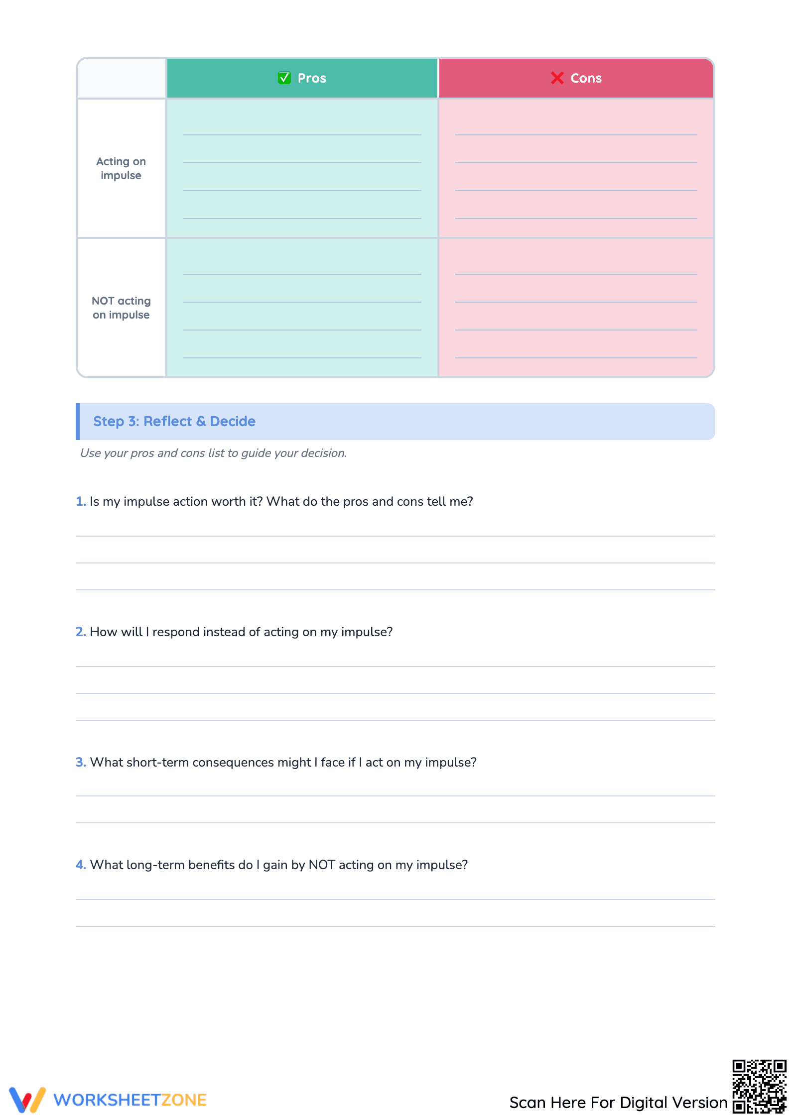 Impulse Control Pros and Cons Worksheet | Grade 10-11 Ready - Page 2