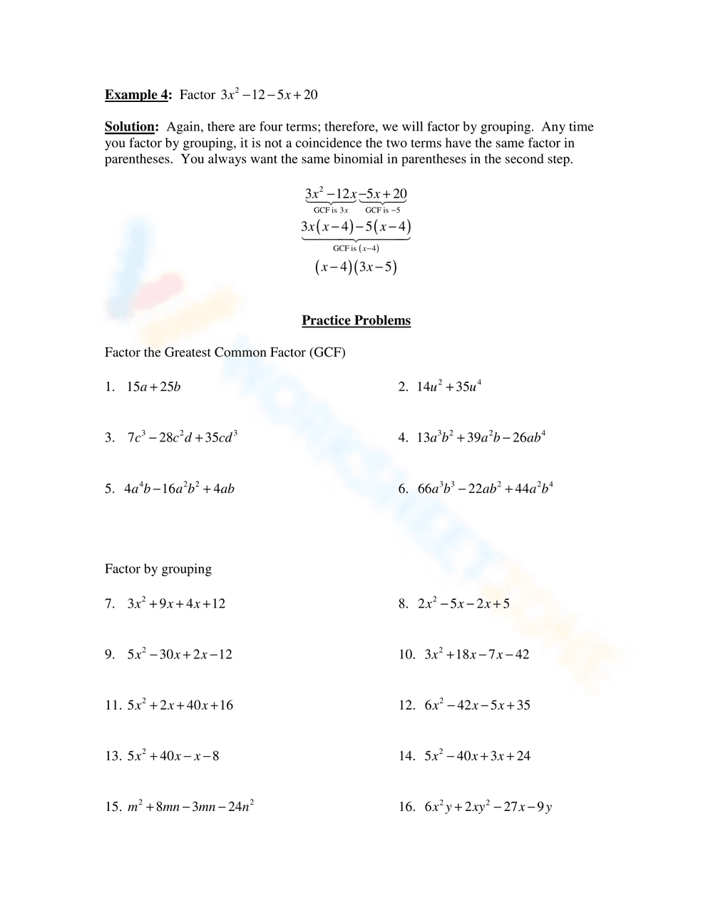 GCF and Factoring by Grouping Worksheet - Page 2