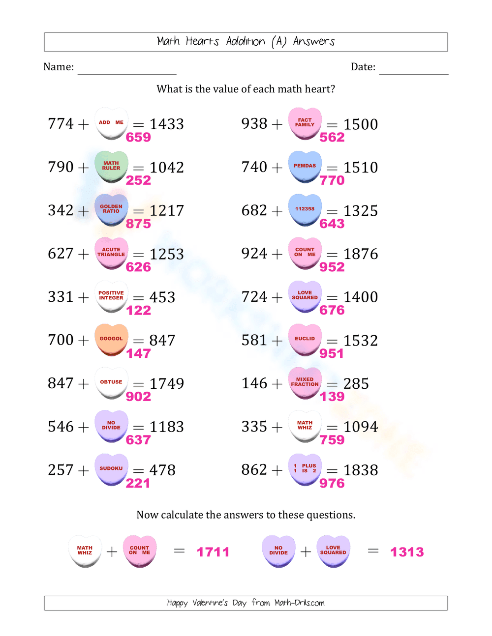Math Heart Addition Worksheet for Valentine's Day - Page 2