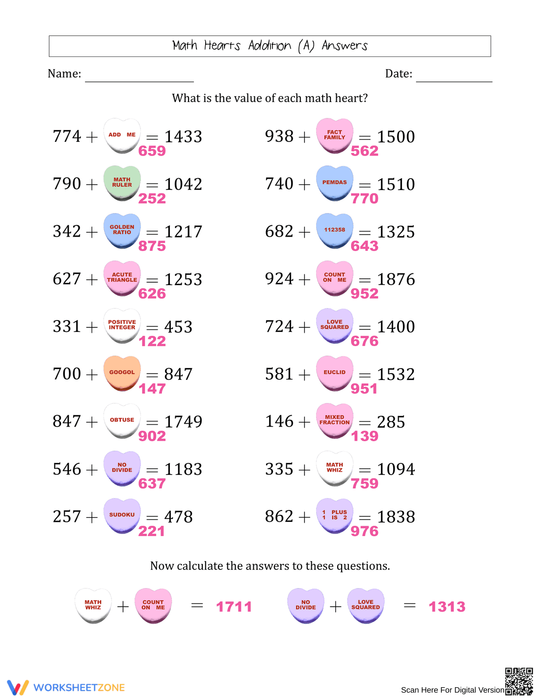 Math Heart Addition Worksheet for Valentine's Day - Page 2