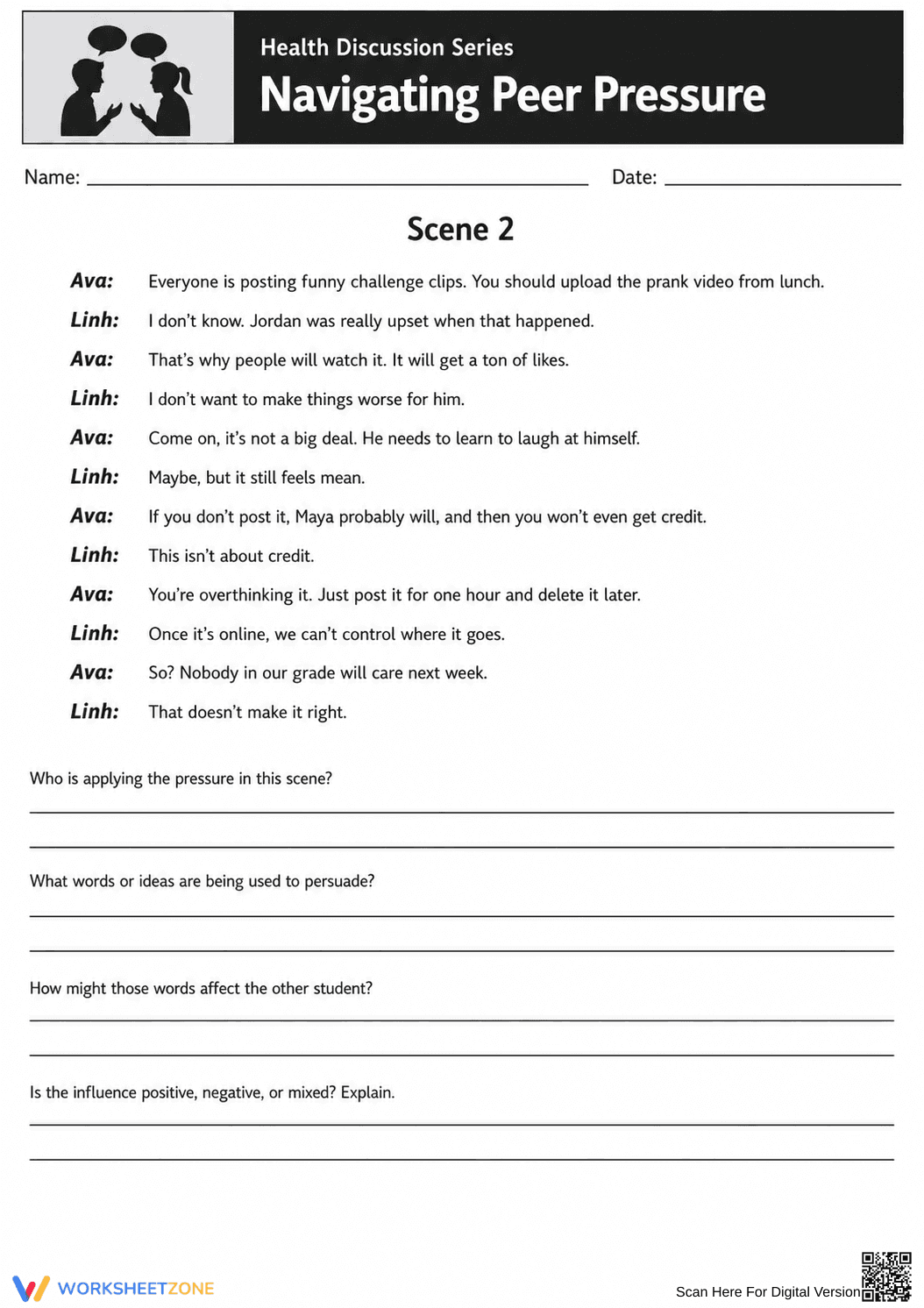 Peer Pressure Printable Worksheet | Grade 6-8 Health - Page 4