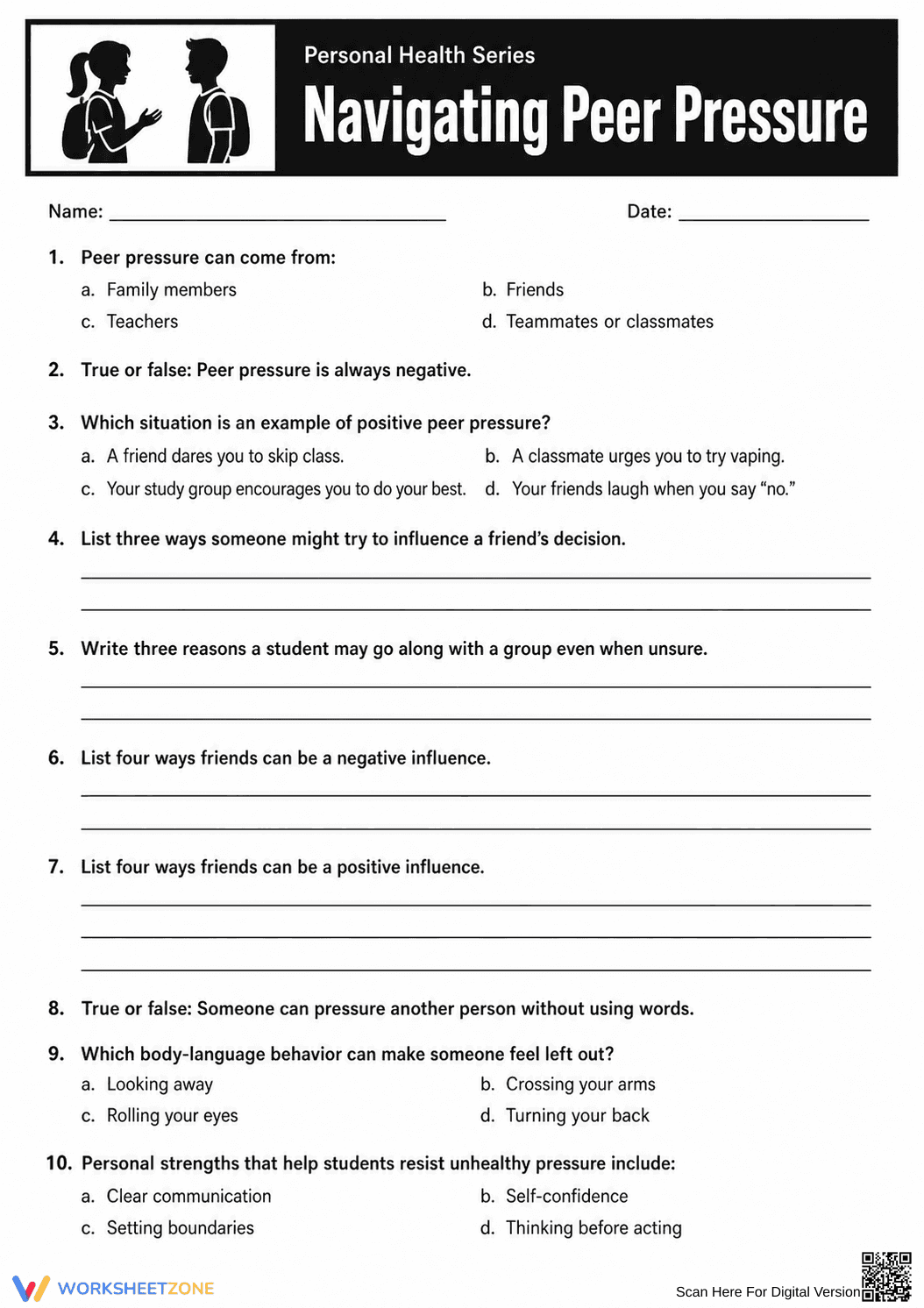 Peer Pressure Printable Worksheet | Grade 6-8 Health - Page 6