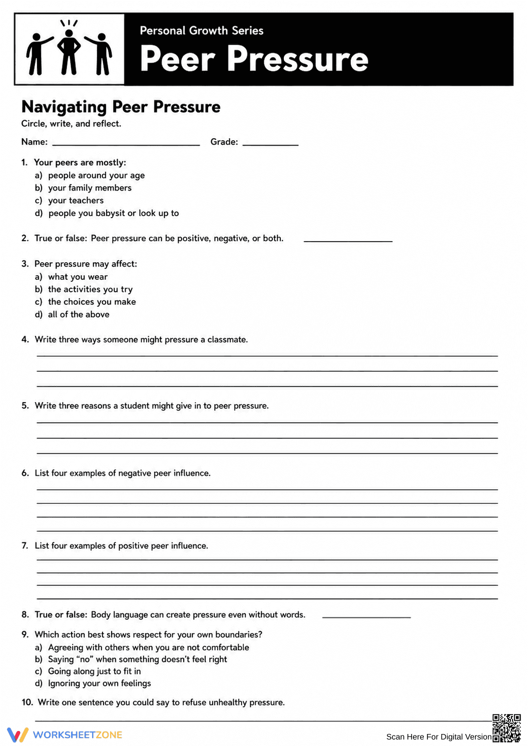 Peer Pressure Printable Worksheet | Grade 6-8 Health - Page 7