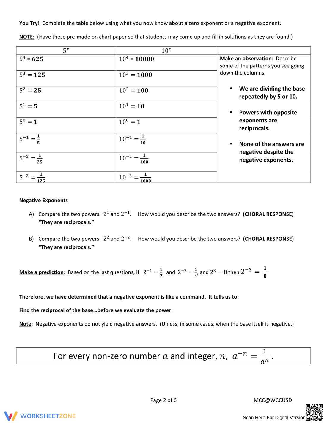 Discovering Zero and Negative Exponents Worksheet - Page 2