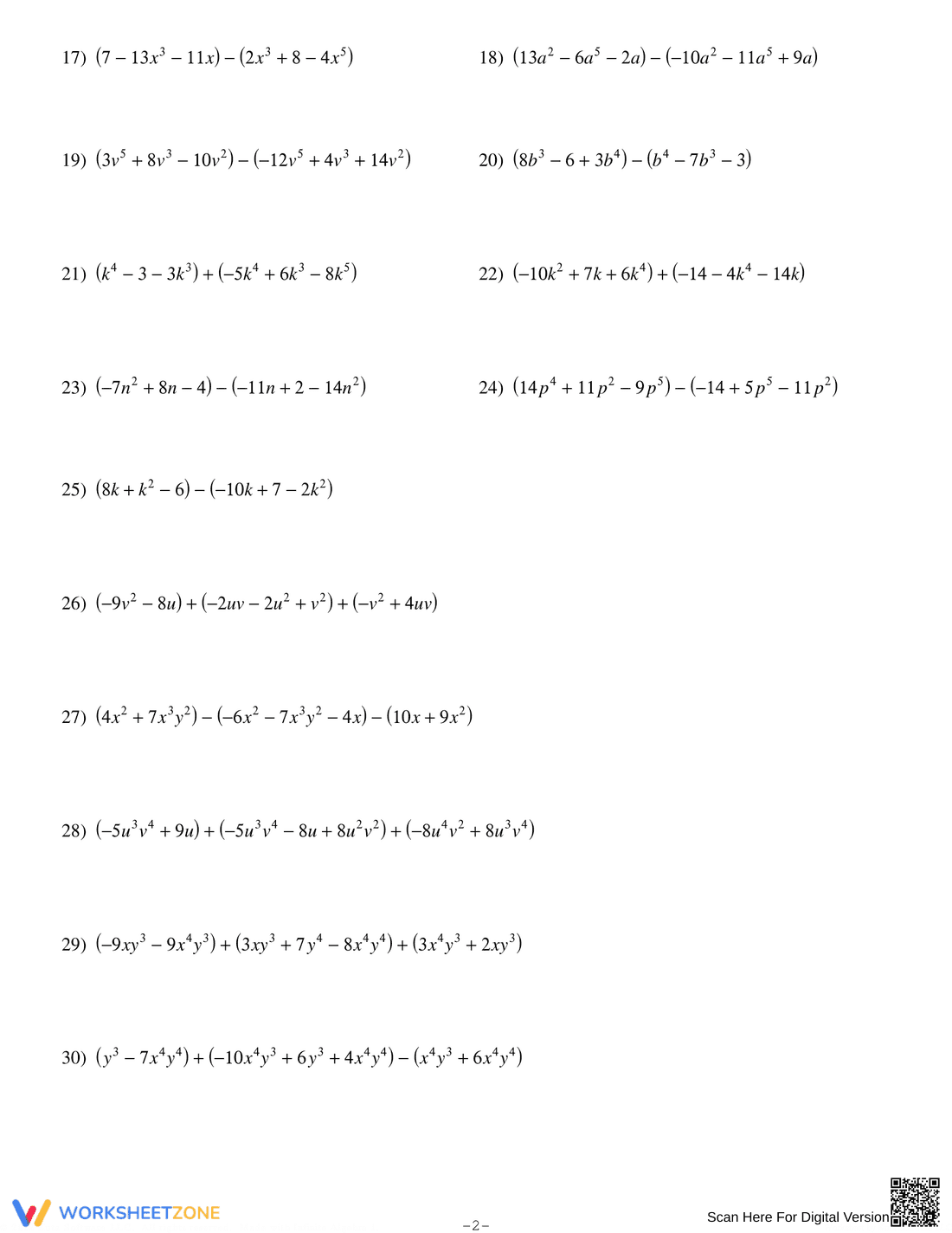 Adding and Subtracting Polynomials Worksheet 1 - Page 2