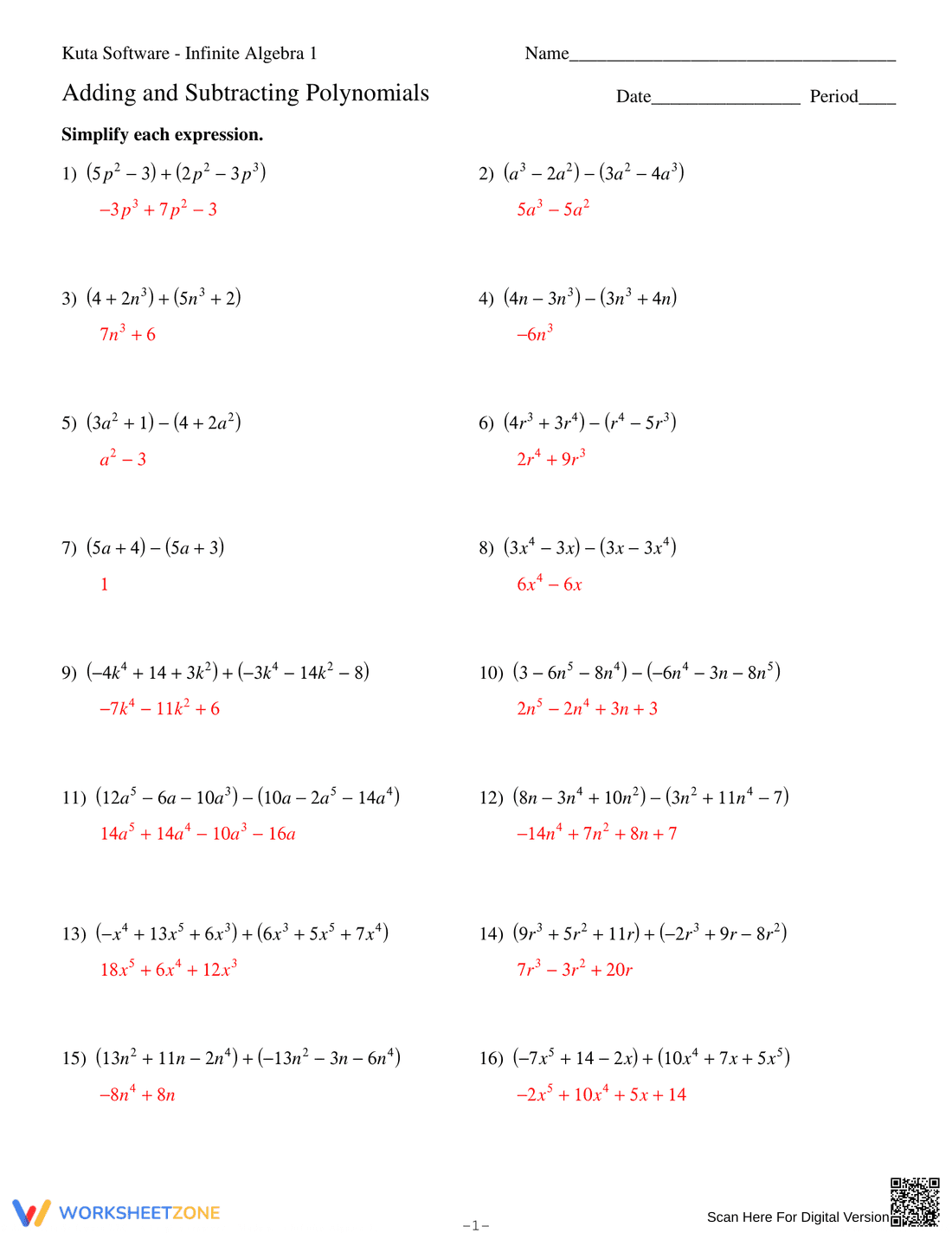 Adding and Subtracting Polynomials Worksheet 1 - Page 3