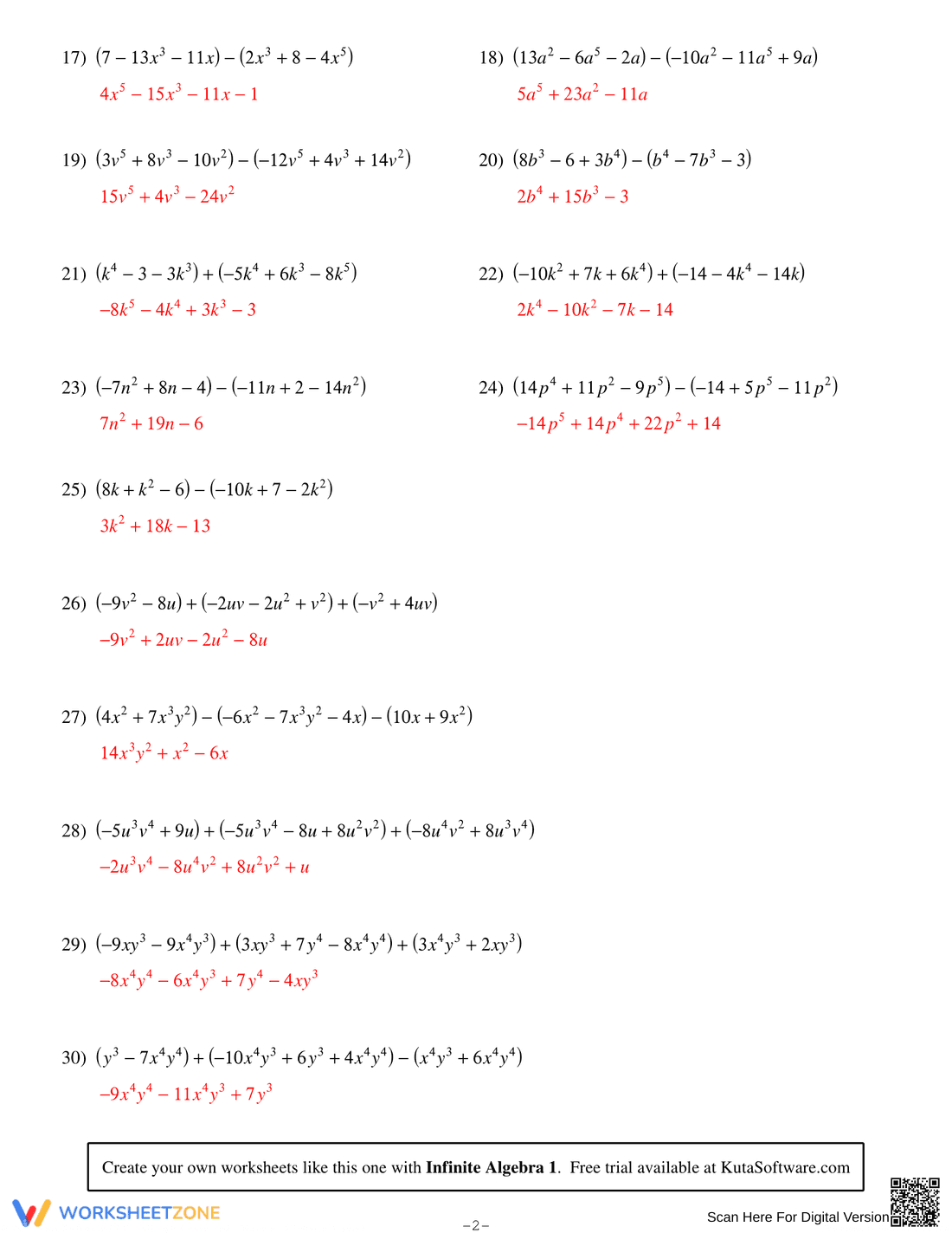Adding and Subtracting Polynomials Worksheet 1 - Page 4