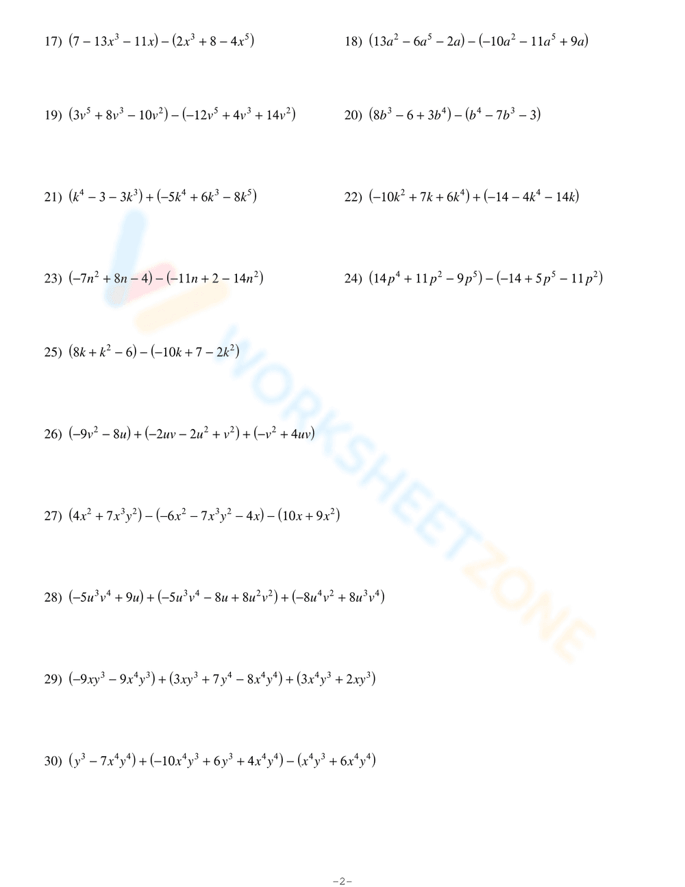 Adding and Subtracting Polynomials Worksheet 1 - Page 2