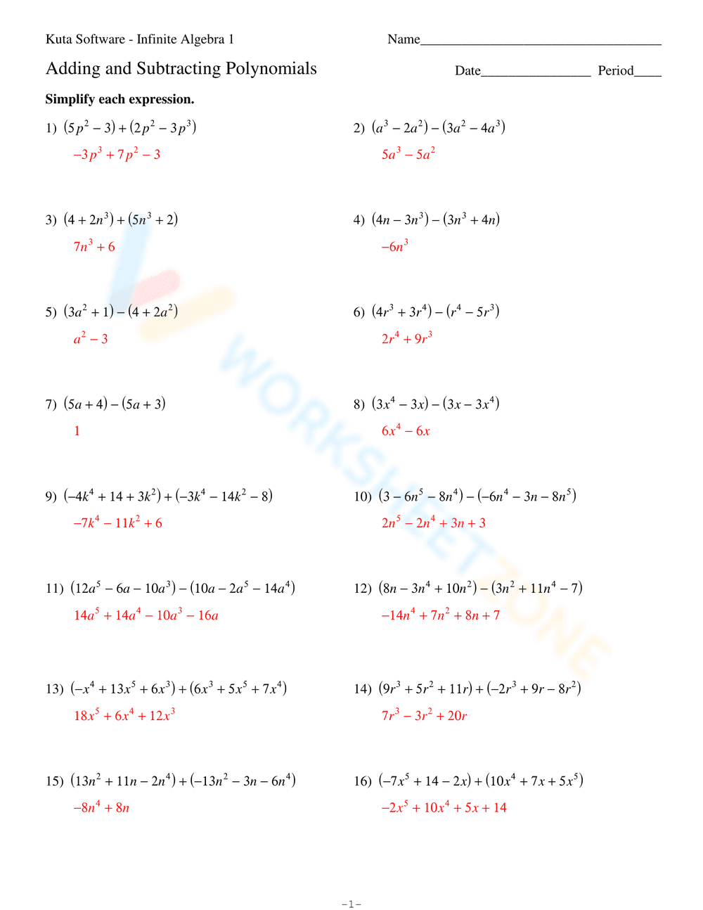 Adding and Subtracting Polynomials Worksheet 1 - Page 3