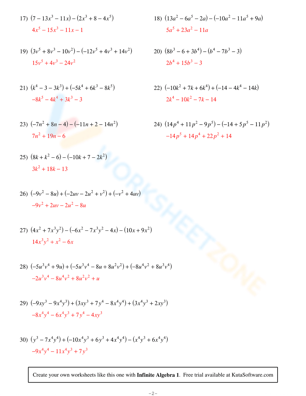 Adding and Subtracting Polynomials Worksheet 1 - Page 4
