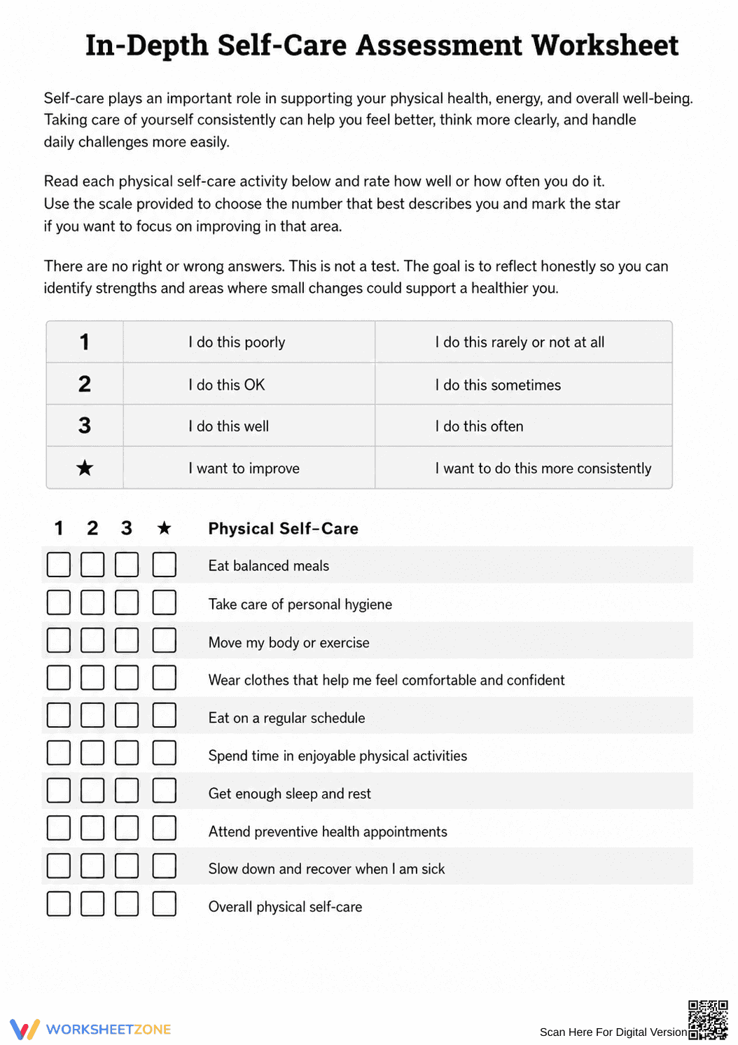 Self-Care Assessment Worksheet | Grade 11-12 Printable - Page 2