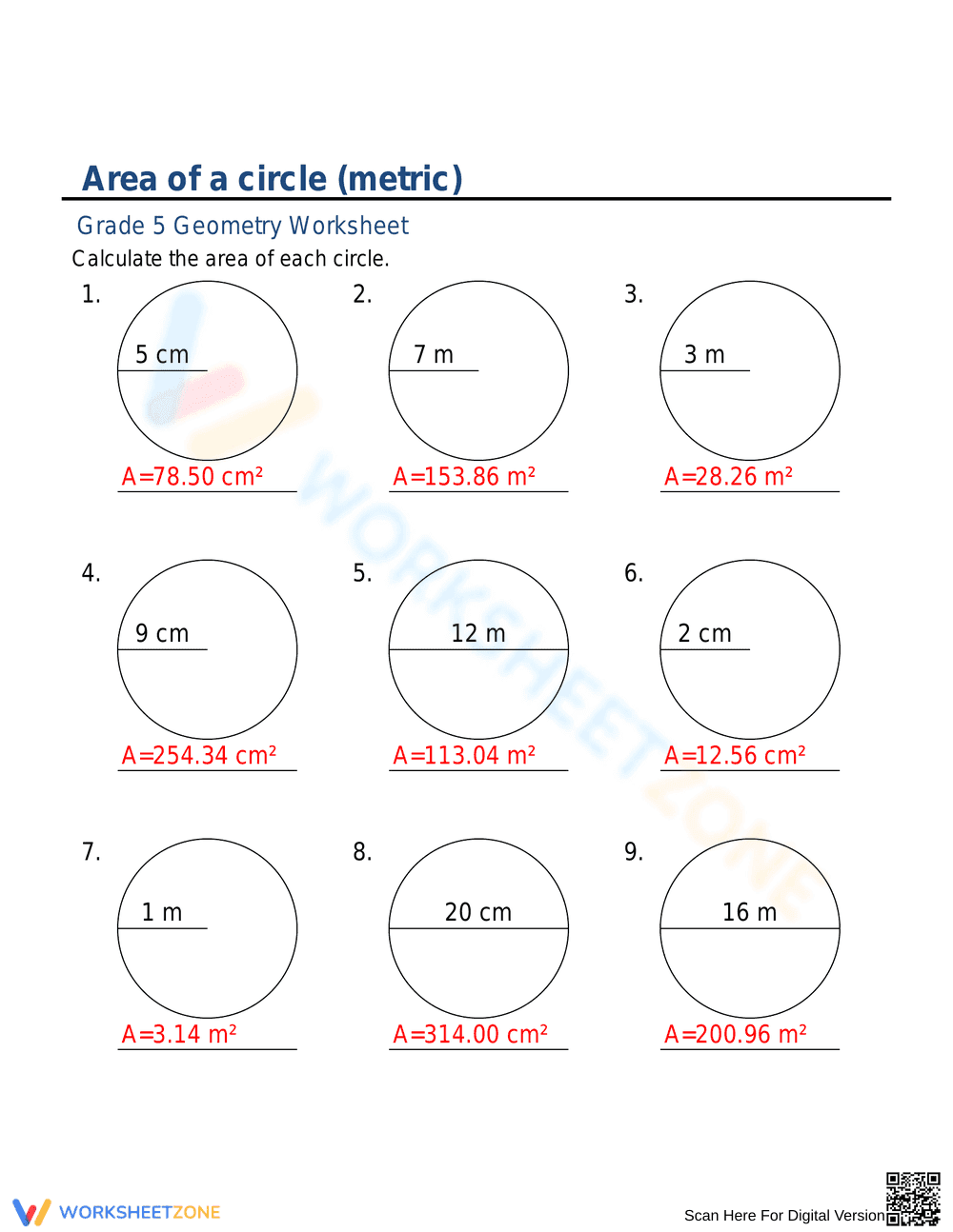 Calculate Area of a Circle (Metric) - Page 2