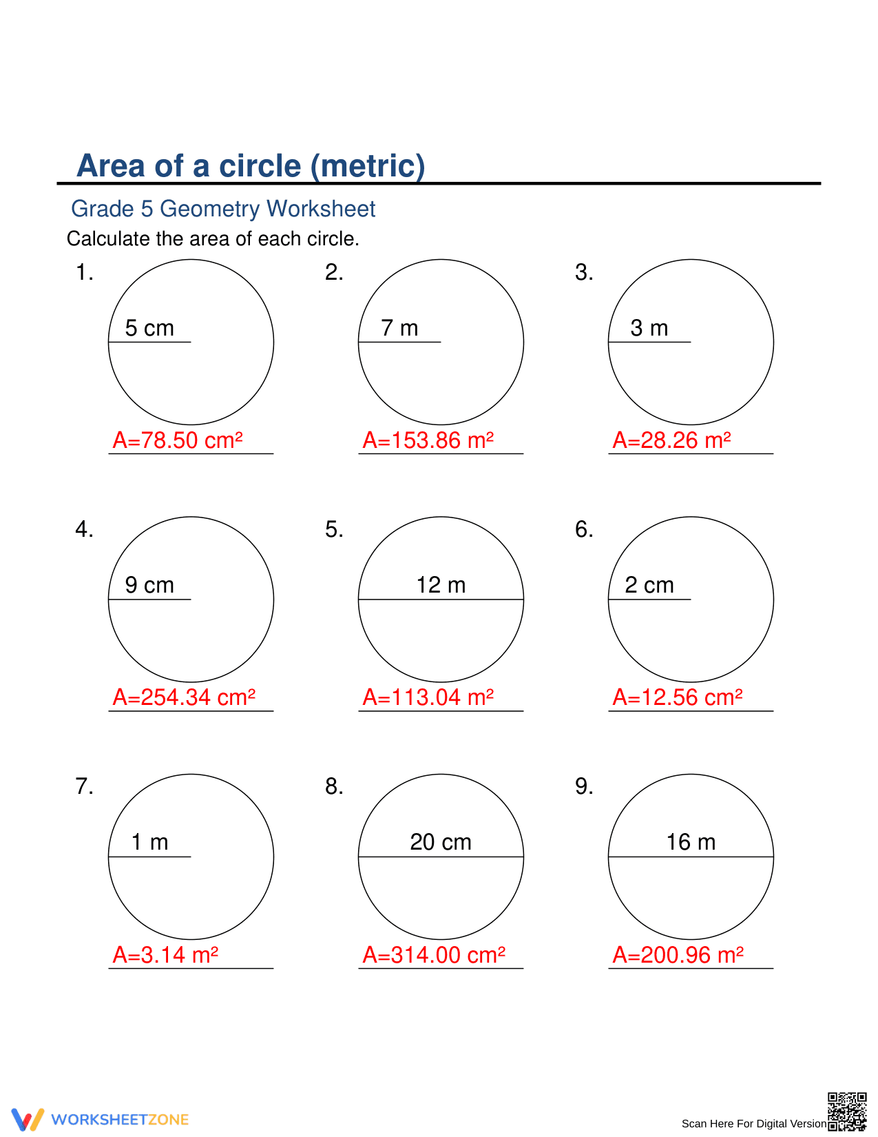 Calculate Area of a Circle (Metric) - Page 3