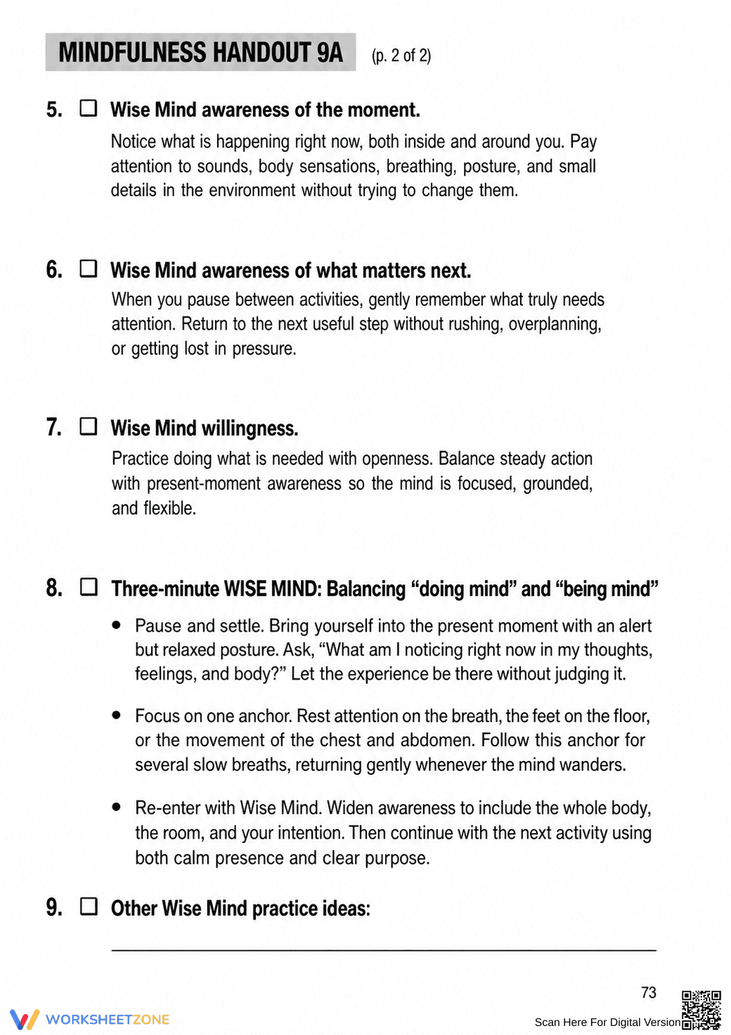 Essential Wise Mind Worksheet | Grade 9-12 Mindfulness - Page 3