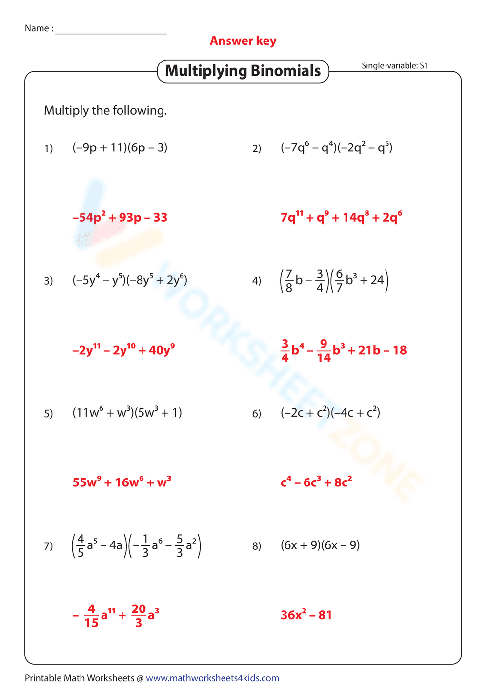 Multiplying Binomials Practice Worksheet - Page 2