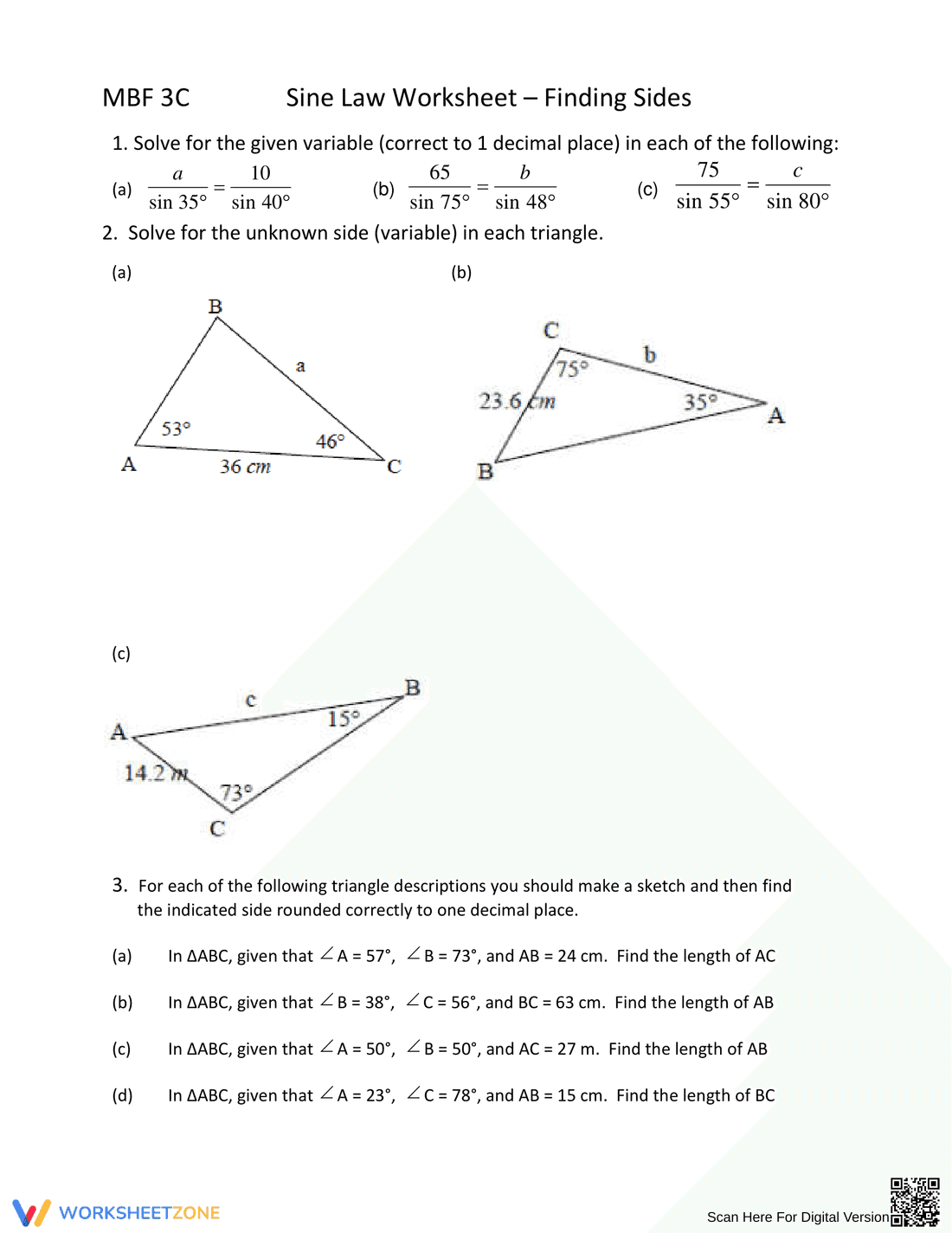 Updated Sine Law Worksheet: Trigonometry Practice - Page 3