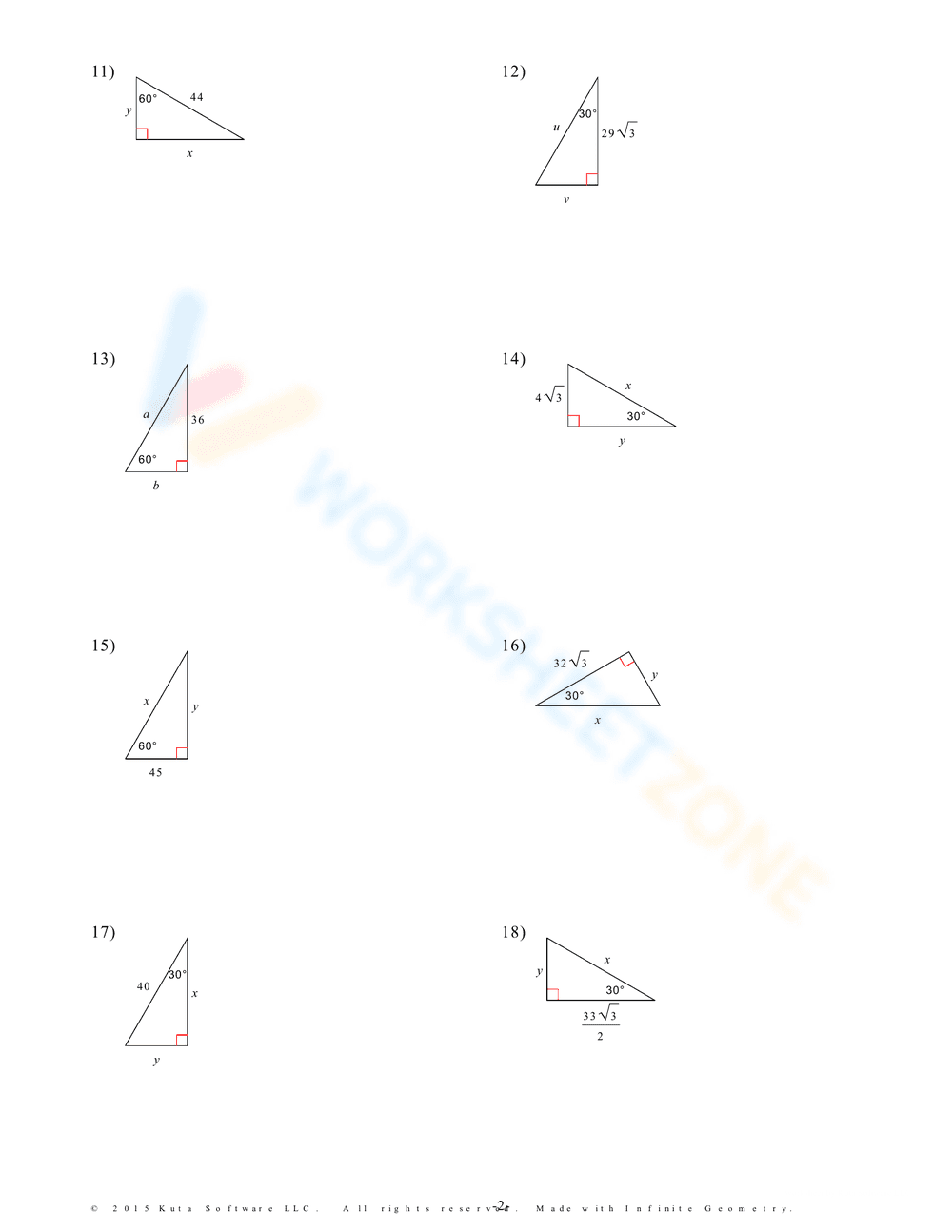 30-60-90 Triangle Practice – Geometry Worksheet Description: - Page 2