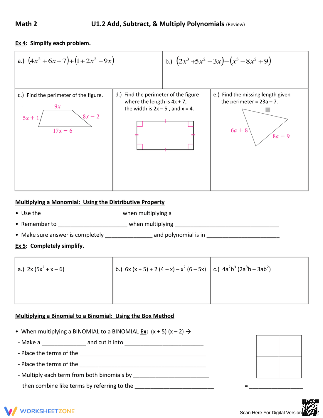 Add, Subtract, Multiply Polynomials Worksheet - Page 2