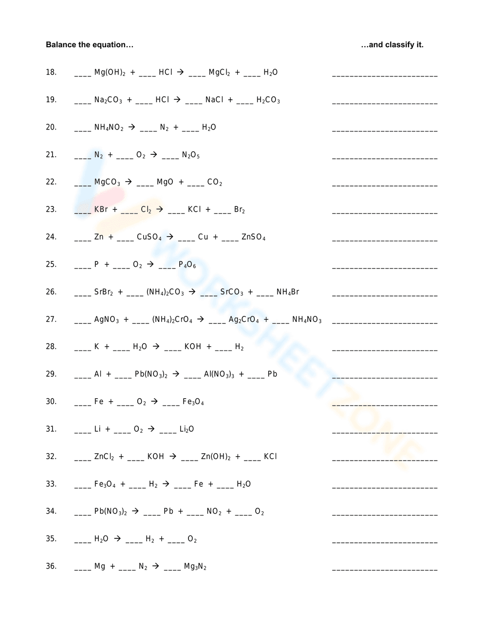 Balancing Chemical Equations Worksheet - Page 2