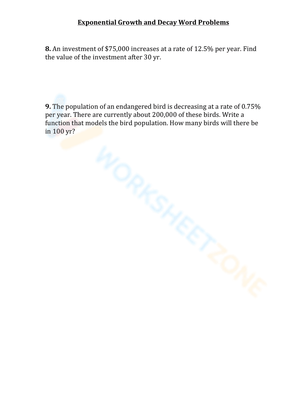 Exponential Growth and Decay Word Problems - Page 3