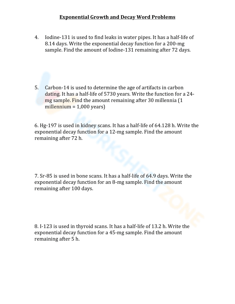 Exponential Growth and Decay Word Problems - Page 5