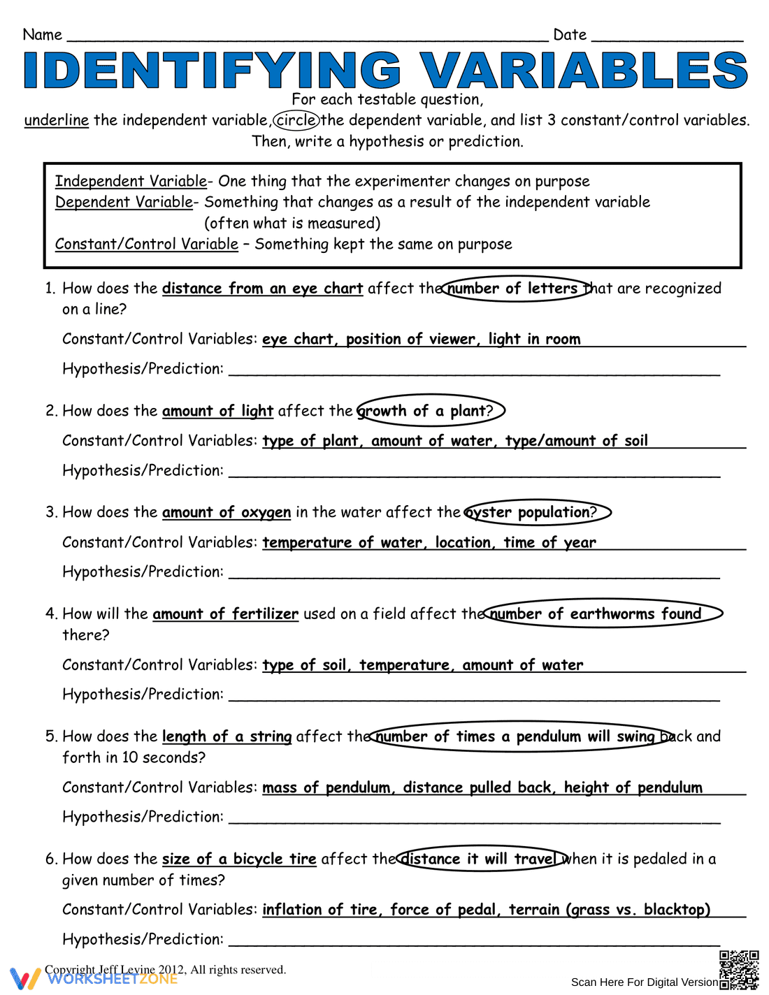 Worksheet on Identifying Variables in Science - Page 2