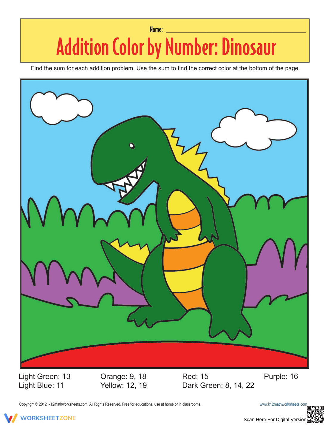 Fun Addition Color by Number Dinosaur Worksheet | Grade 1 Math - Page 2