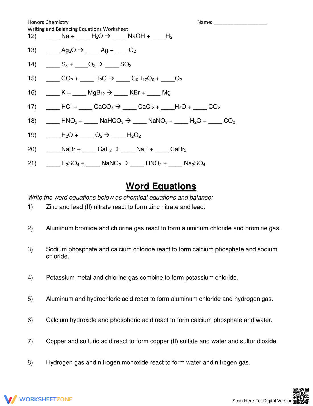 Writing And Balancing Chemical Equations Worksheet - Page 2