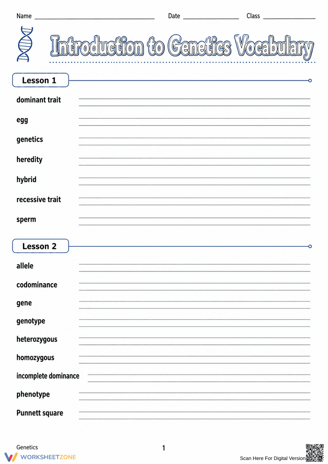 Grade 8 Genetics Vocabulary — Printable No-Prep Worksheet - Page 2