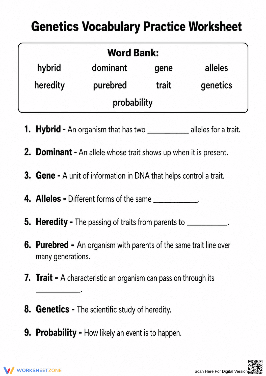 Genetics Vocabulary Worksheet (3 Levels) | Grade 7 Ready - Page 2