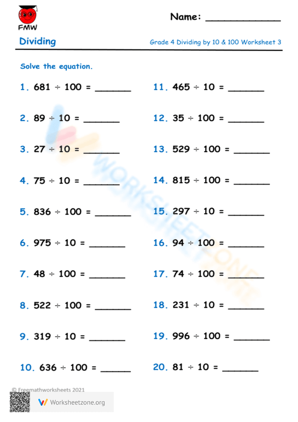 Grade 4 Division Worksheet: Divide by 10 & 100 - Page 2
