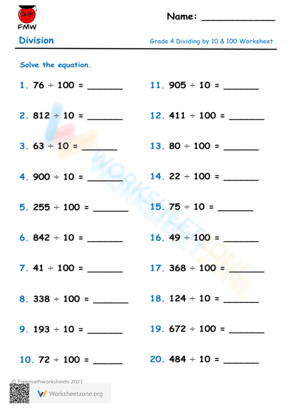 Grade 4 Division Worksheet: Divide by 10 & 100 - Page 3