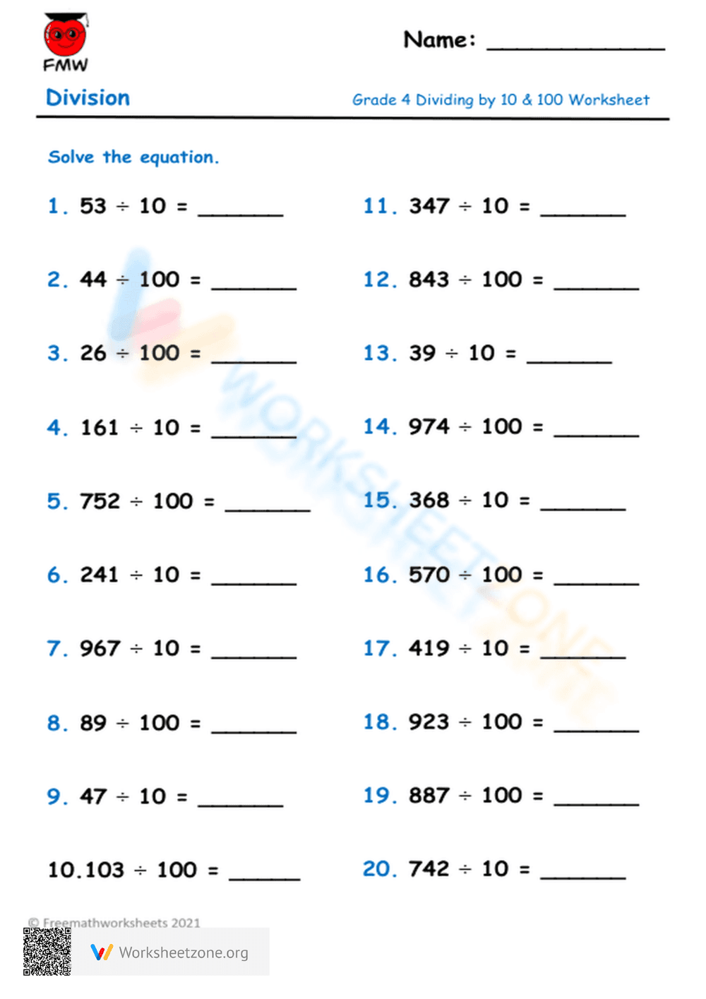 Grade 4 Division Worksheet: Divide by 10 & 100 - Page 5