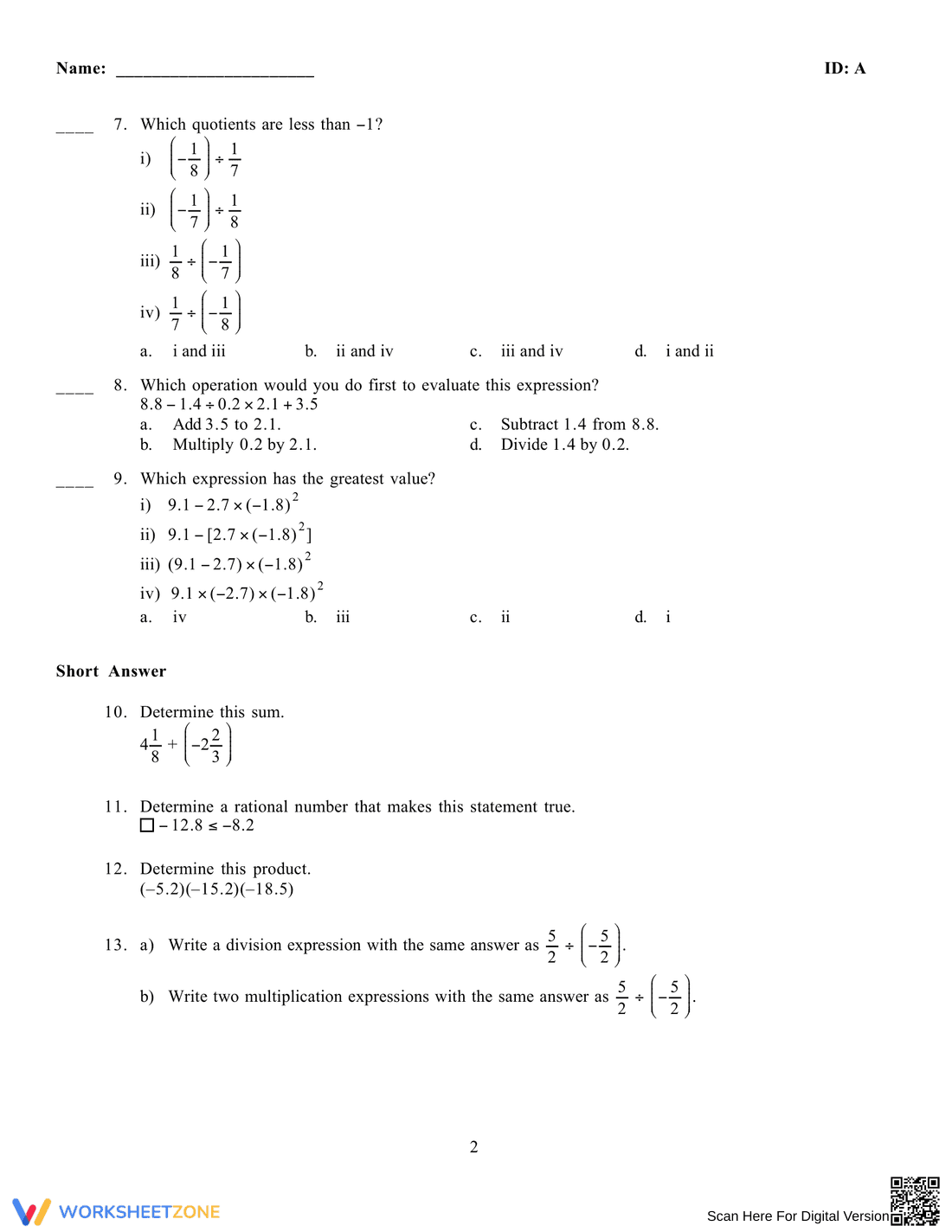 Practice Test on Rational Numbers - Page 2