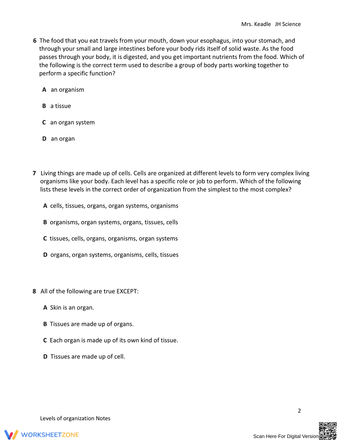 Levels of Organization Notes Worksheet - Page 2