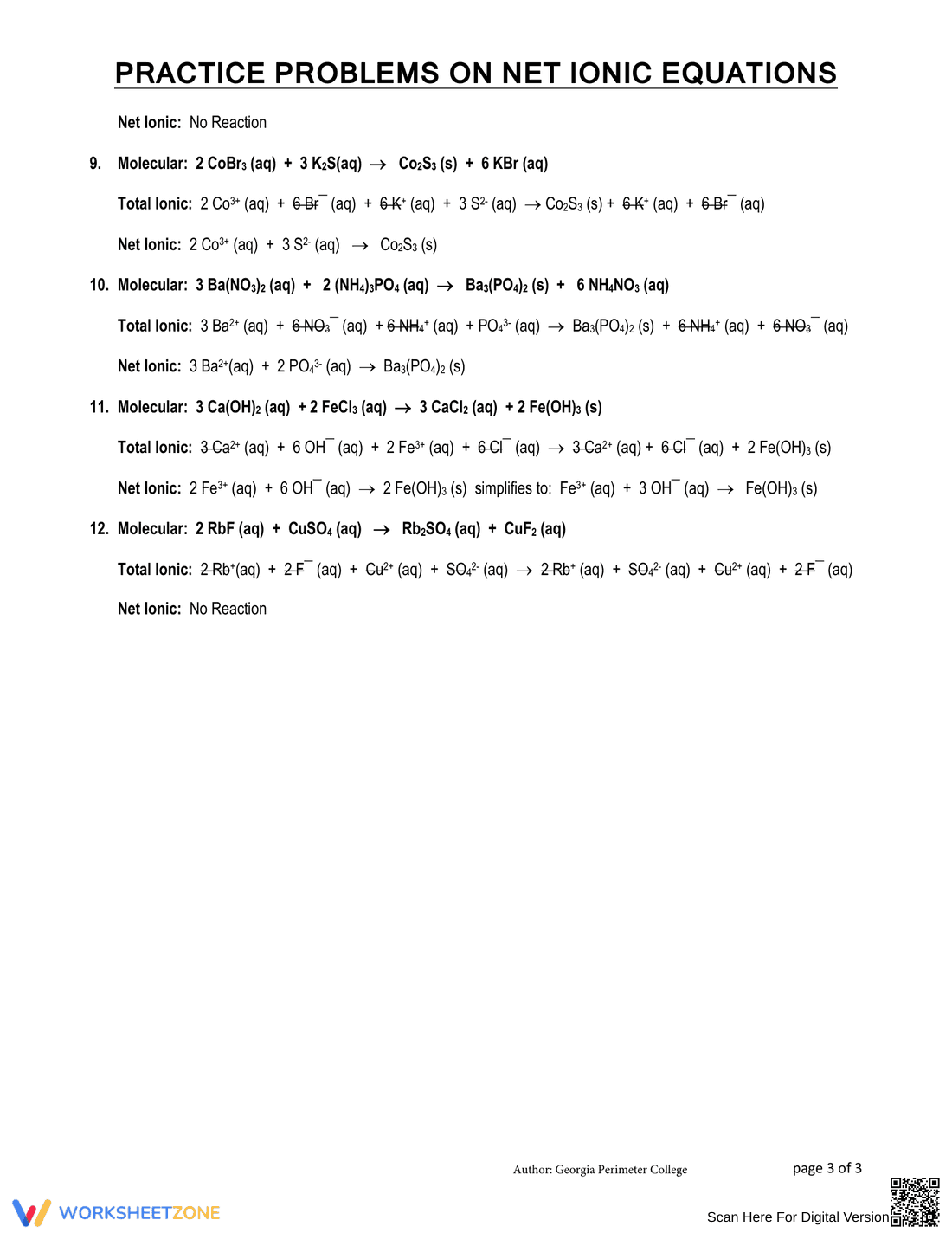 Practice Problems on Net Ionic Equations - Page 3