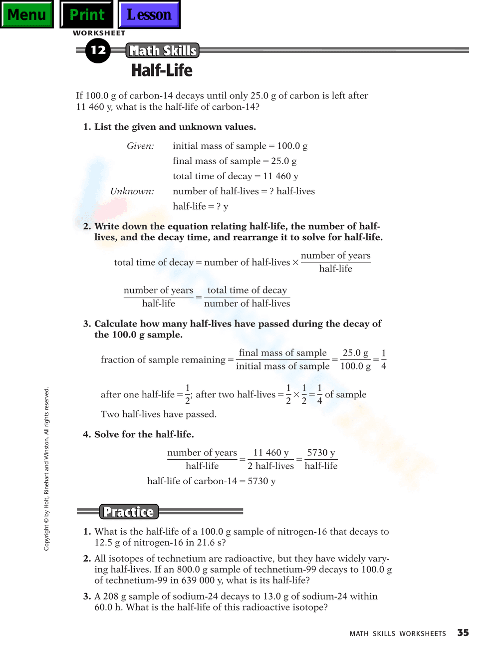 Half-Life Calculation Practice Sheet - Page 2