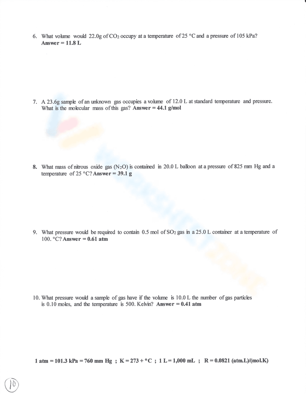 Charles's Law: Gas Laws Chemistry Worksheet - Page 9