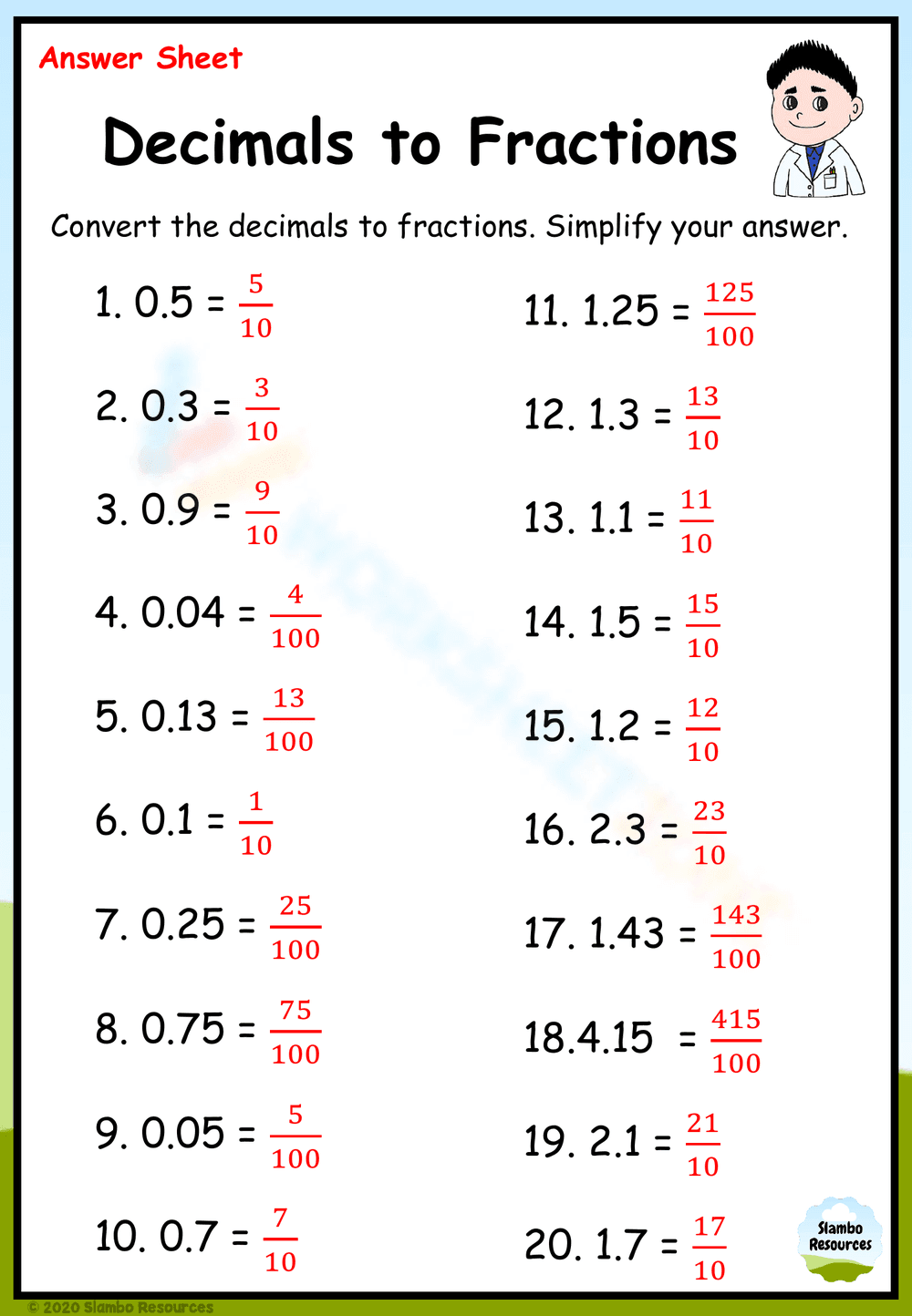 Decimals to Fractions Worksheet - Page 2