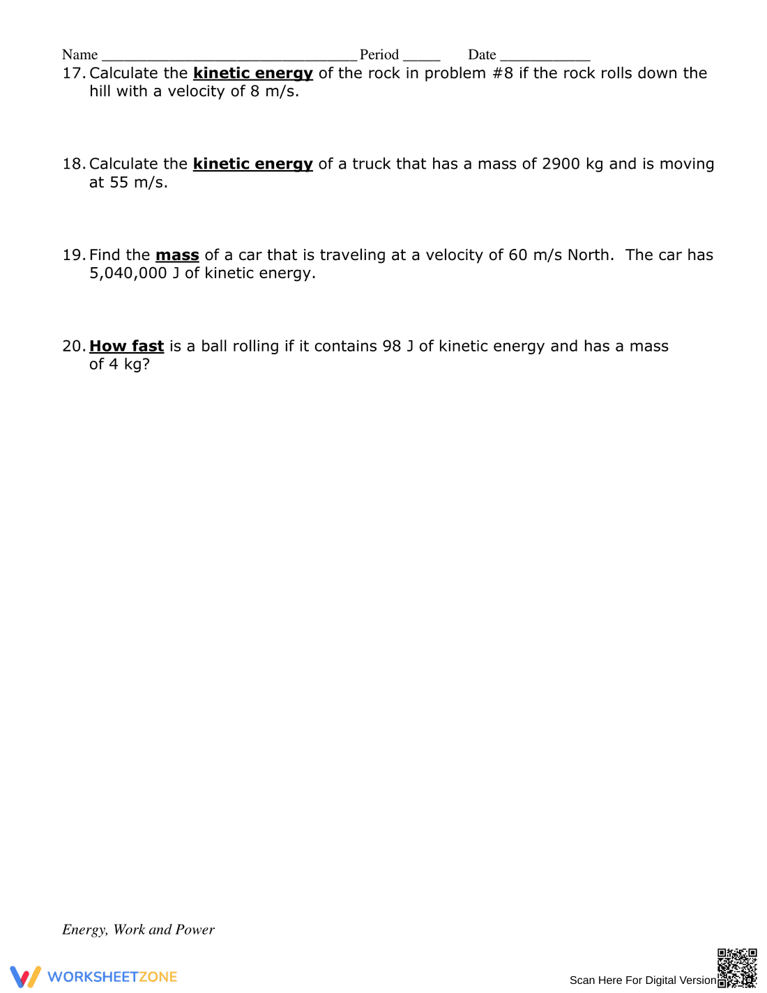 Kinetic and Potential Energy Problems Worksheet - Page 2