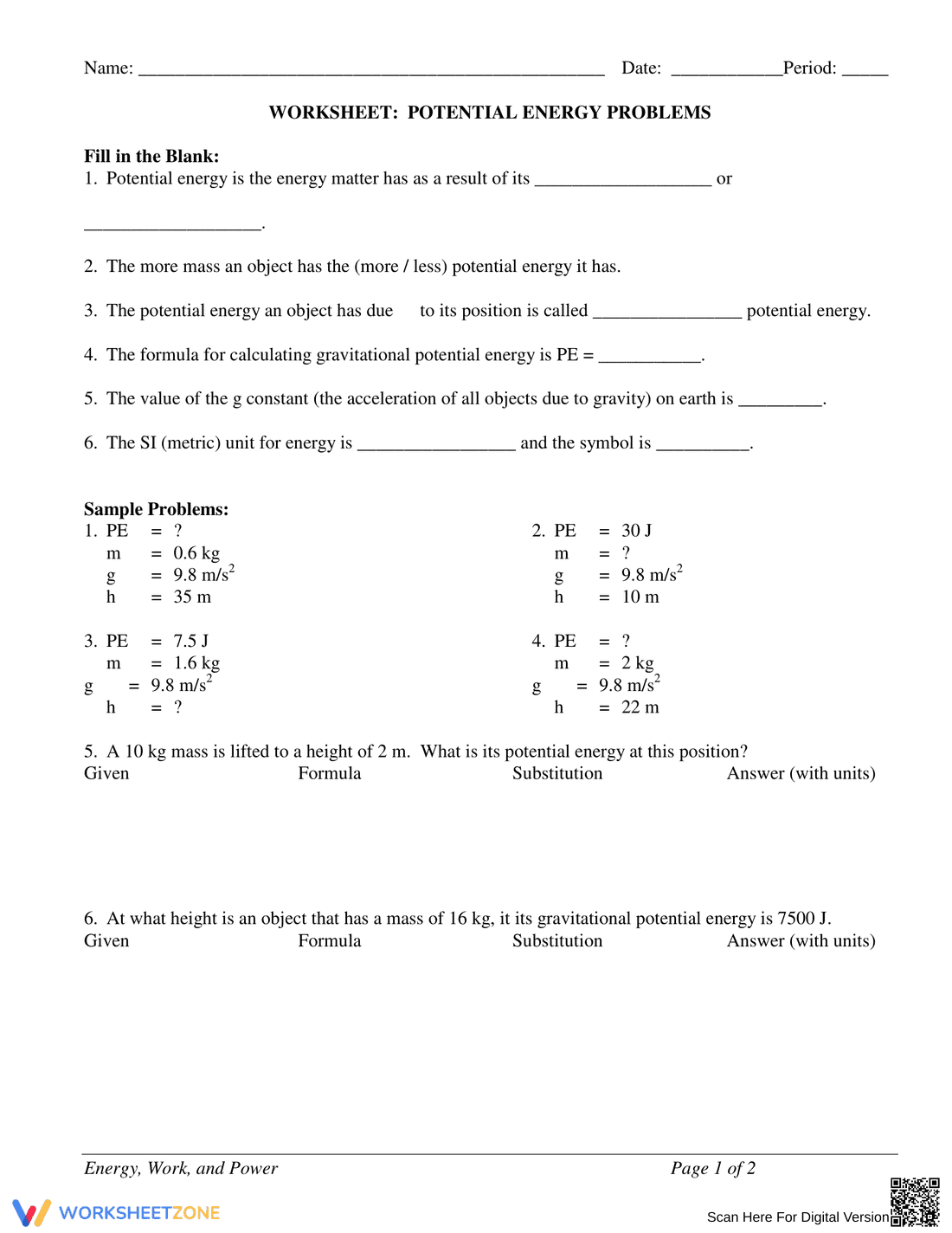 Kinetic and Potential Energy Problems Worksheet - Page 3