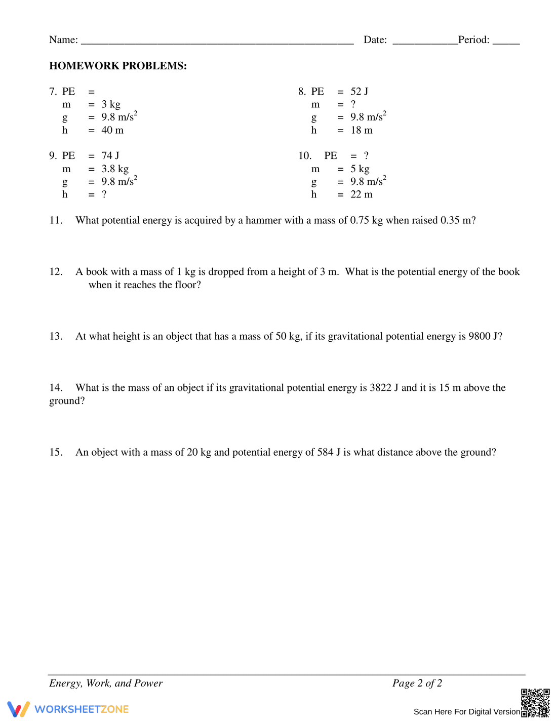 Kinetic and Potential Energy Problems Worksheet - Page 4