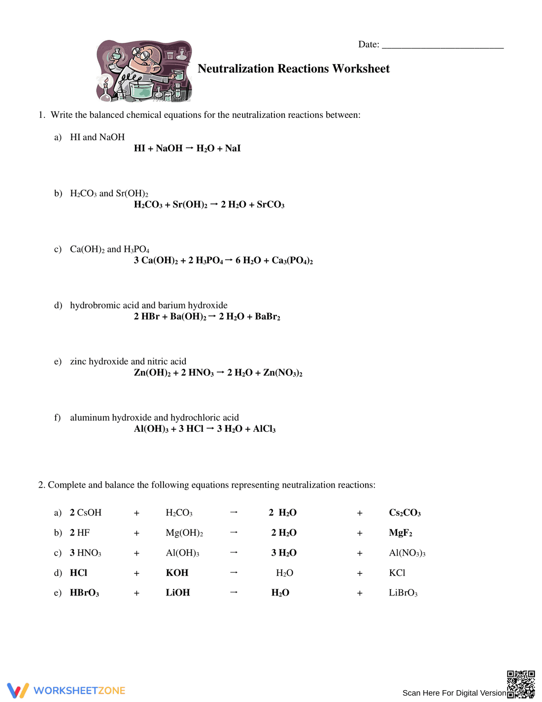 Neutralization Reactions Worksheet with Balanced Equations - Page 3