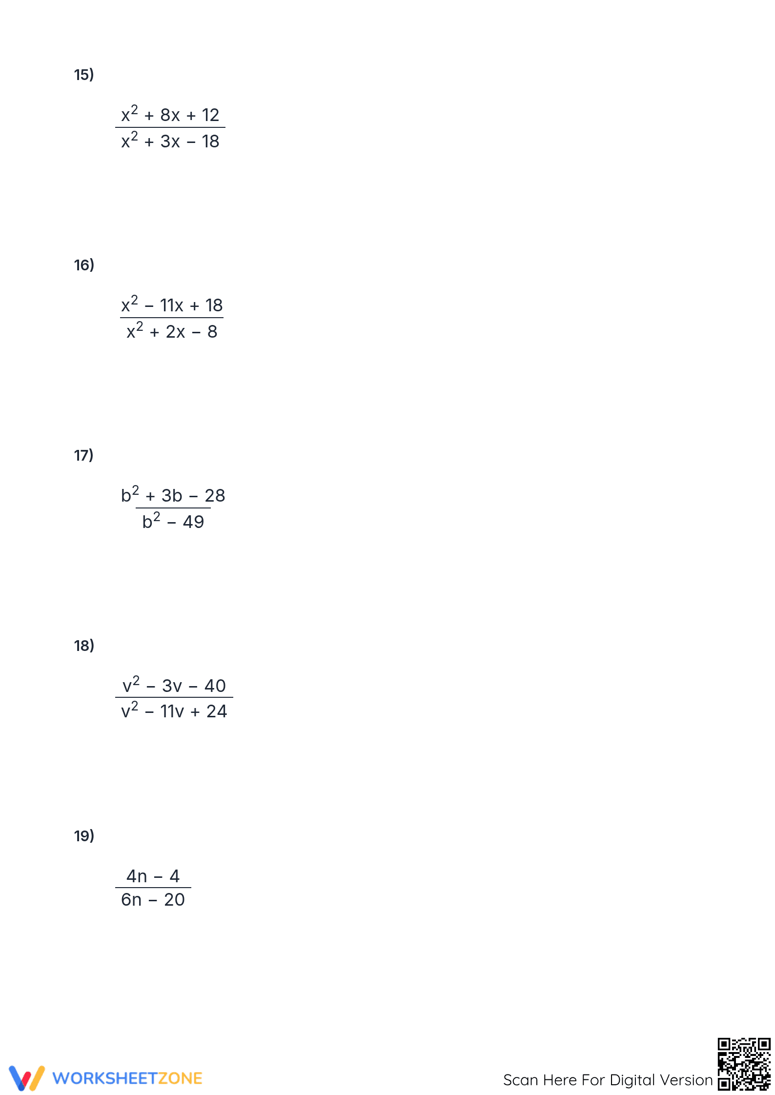 Printable Simplifying Rational Expressions Worksheet: Grades 9-10 - Page 4