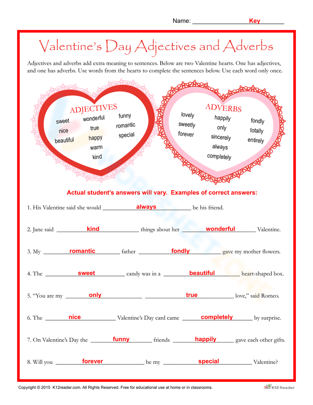 Valentine's Day Adjectives and Adverbs Worksheet - Page 2