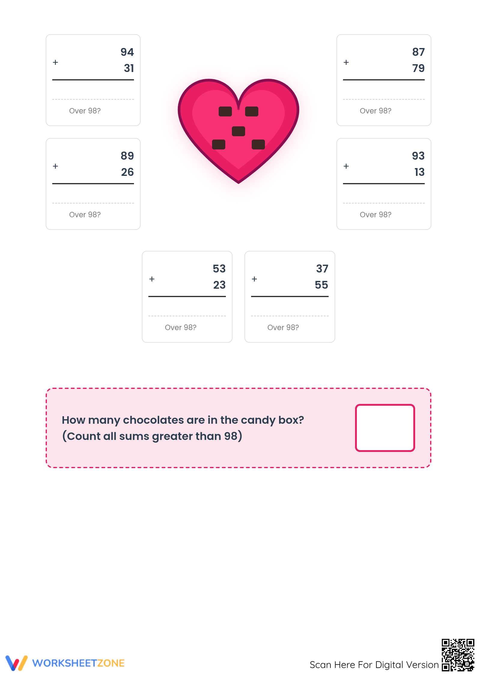 Grade 3-5 Valentine Addition Mystery — Printable Worksheet - Page 2