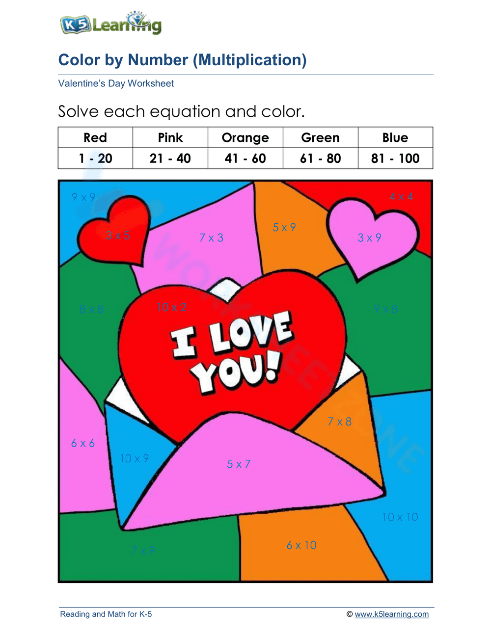 Valentine's Color by Number Worksheet - Page 2