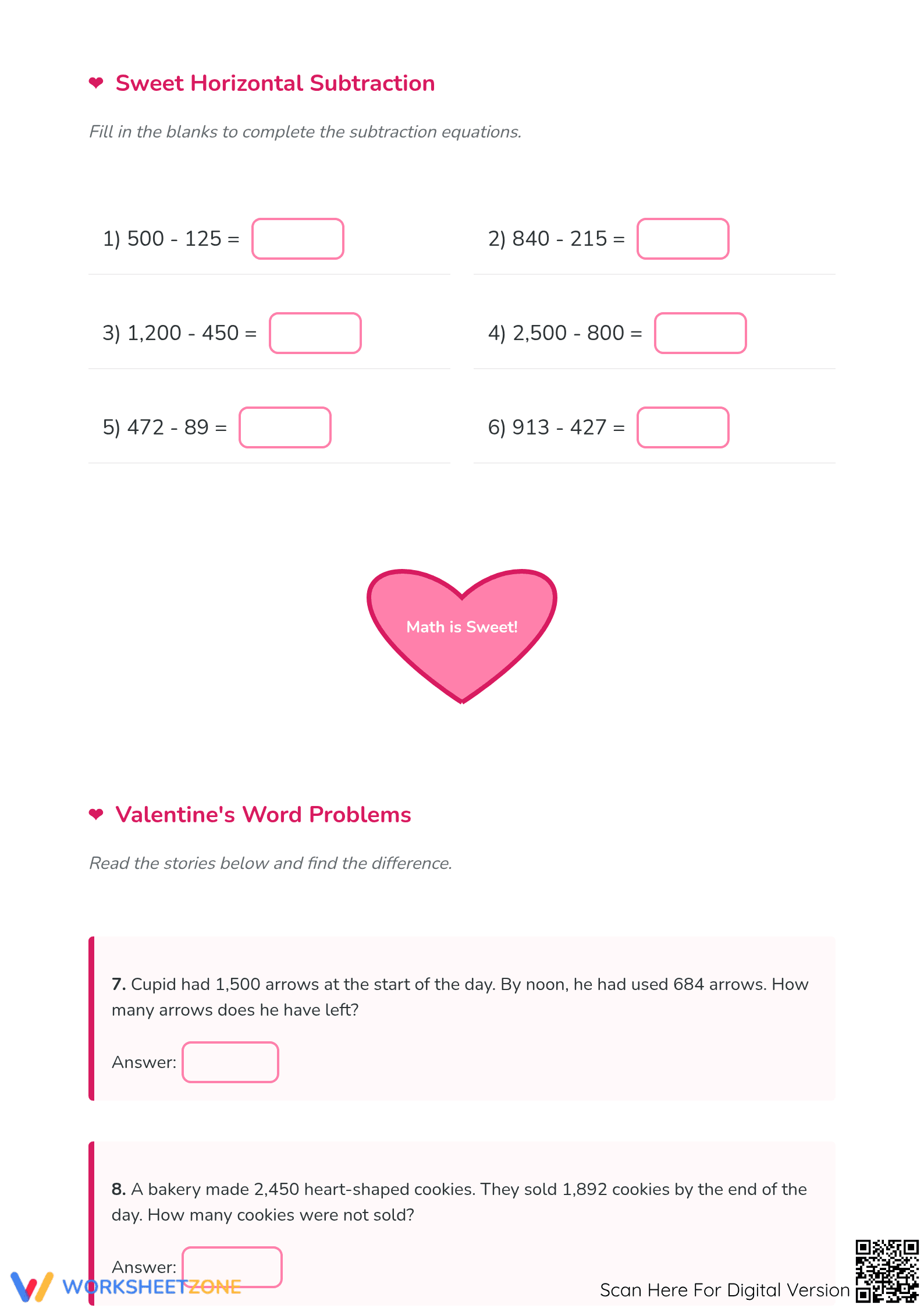 Valentine Subtraction Worksheet | Printable Grade 4 Math - Page 2