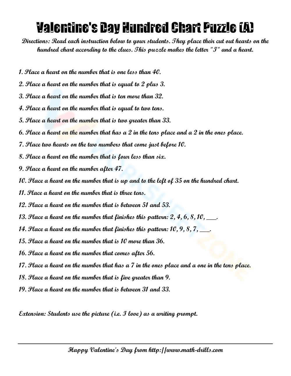 Valentine's Day Hundred Chart Puzzle Worksheet - Page 2