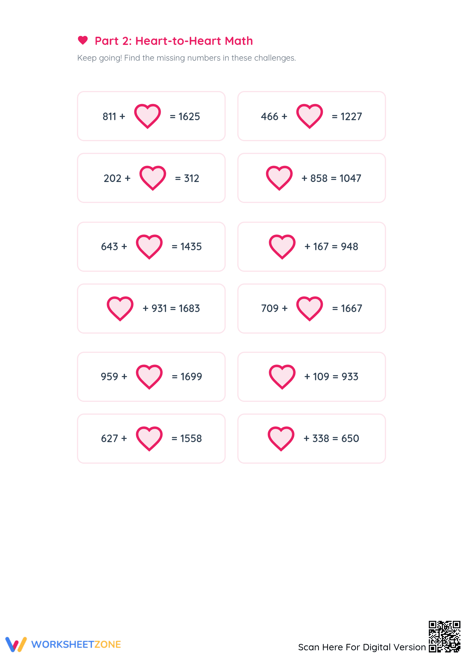 Essential Math Hearts Addition Worksheet | Grade 3-5 - Page 2